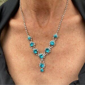 NWT Blue & Silver-Toned Rhinestone Necklace & Earring Set.